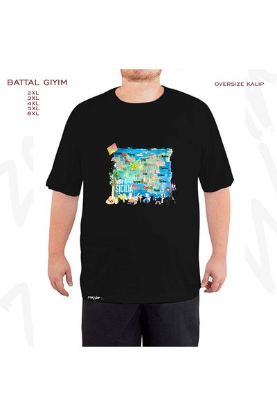 ZOKAWEAR Μαύρο μπλουζάκι με στάμπα Sicily Italy - Υπερμεγέθη