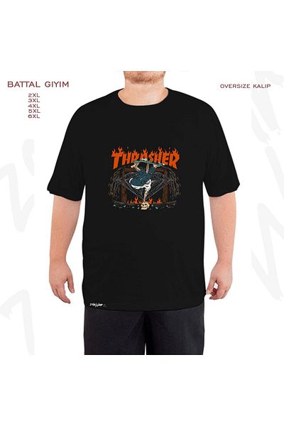 ZOKAWEAR Μαύρο μπλουζάκι Oversize Thrasher Skater Skeleton με στάμπα μεγάλου μεγέθους (Μπάλα)
