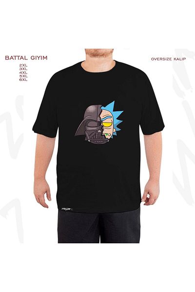 ZOKAWEAR Μαύρο μπλουζάκι μεγάλου μεγέθους Rick And Star Wars με στάμπα μεγάλου μεγέθους