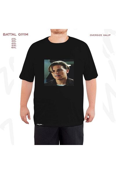 ZOKAWEAR Μαύρο μπλουζάκι μεγάλου μεγέθους Leonardo Dicaprio2 με στάμπα μεγάλου μεγέθους