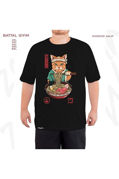 ZOKAWEAR Υπερμεγέθη Μαύρο T-Shirt με στάμπα γάτας Άπω Ανατολής