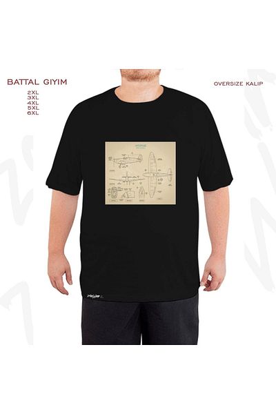 ZOKAWEAR Oversize Spitfire Royal Air Force Printed Oversize (Bol) Fit Black T-Shirt