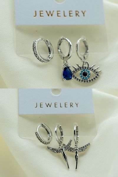Perry Accesories الزركون القلب الملاك - أقراط عين الشر وحلقة فراشة مفتاح قفل مجوهرات VIP