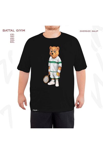ZOKAWEAR Μαύρο μπλουζάκι μεγάλου μεγέθους γηπέδου τένις αρκουδάκι Teddy με στάμπα μεγάλου μεγέθους