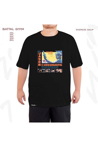 ZOKAWEAR Υπερμεγέθη αφίσα ταινίας Jason And The Argonauts με τυπωμένο μαύρο μπλουζάκι μεγάλου μεγέθους
