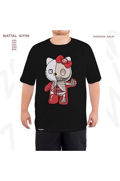 ZOKAWEAR Μαύρο μπλουζάκι Oversize Hello Kity Half Skeleton Printed Battal (Bol) Mold