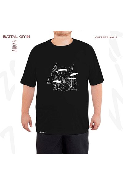 ZOKAWEAR Oversize Drum Octopus Printed Battal (Bol) Mold Μαύρο T-Shirt