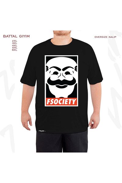 ZOKAWEAR Oversize Fsociety Printed Battal (Bol) Mold Μαύρο T-Shirt
