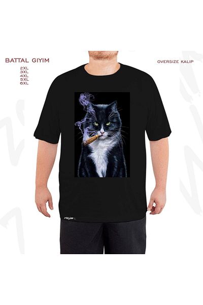ZOKAWEAR Μαύρο μπλουζάκι Oversize Charismatic Cat Smoking Cigar Printed Battal (Bol) Mold