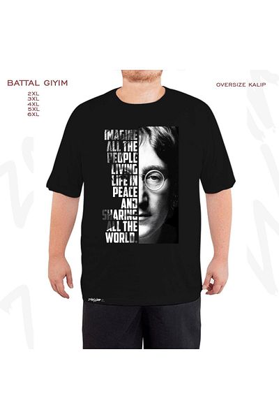 ZOKAWEAR Μαύρο μπλουζάκι Oversize The Beatles, John Lennon Printed Battal (Bol) Fit