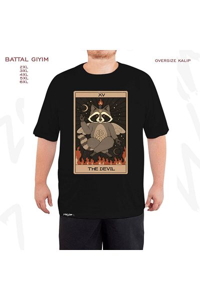 ZOKAWEAR Oversize The Devil Raccoons Tarot Printed Battal (Bol) Mold Μαύρο T-Shirt