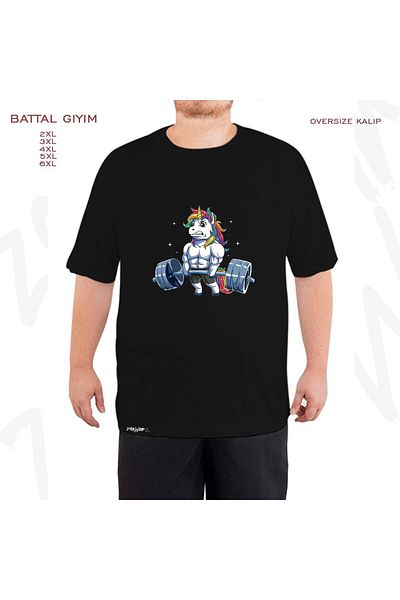 ZOKAWEAR Unicorn Printed Oversize Black T-Shirt - Deadlift Rainbow King Size