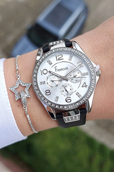 Freelook Women's Black Leather Strap Wrist Watch with Rhinestone Bracelet Gift