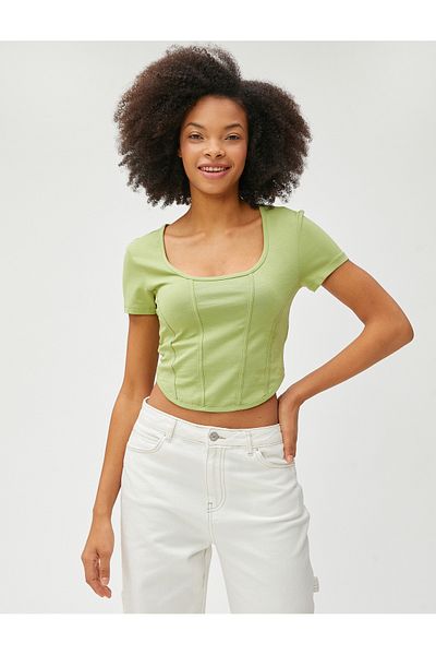 Koton Crop T-Shirt Cotton Round Neck Ribbed Short Sleeve