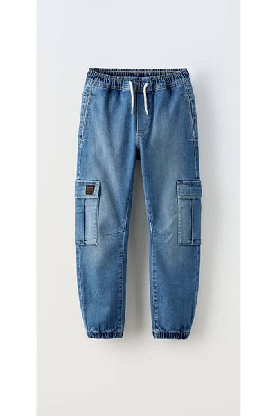 Morpembej Blue Cargo Pocket Boy's Jeans Trousers with Elastic Waist