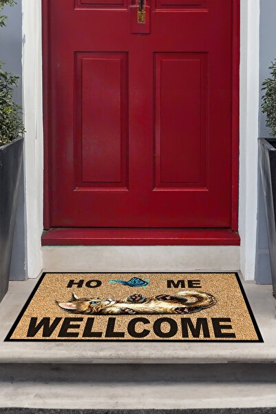 Viyana Home Dijital Baskılı Kaymaz Taban Yıkanabilir Welcome Yazılı Kedi Kapı Önü Paspası (40x60cm)