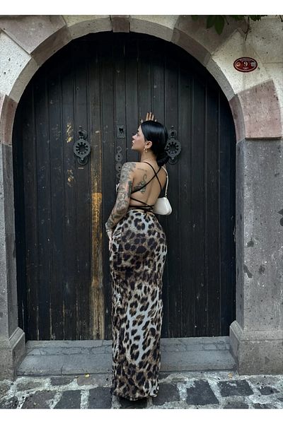 bysedaortac Rochie lungă căptușită cu șnur din spate leopard