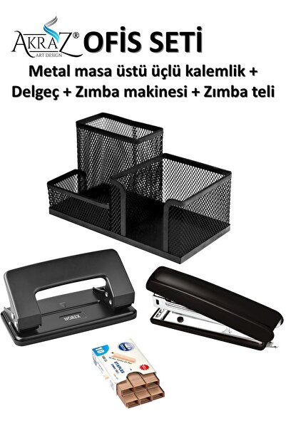 Akraz Art Design Kırtasiye Ofis seti metal masa üstü üçlü kalemlik + zımba ma...