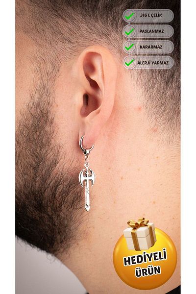 Piercing Market Steel & Silver Men's Steel Dangle Ring Axe Model Earrings Rust No Darkening