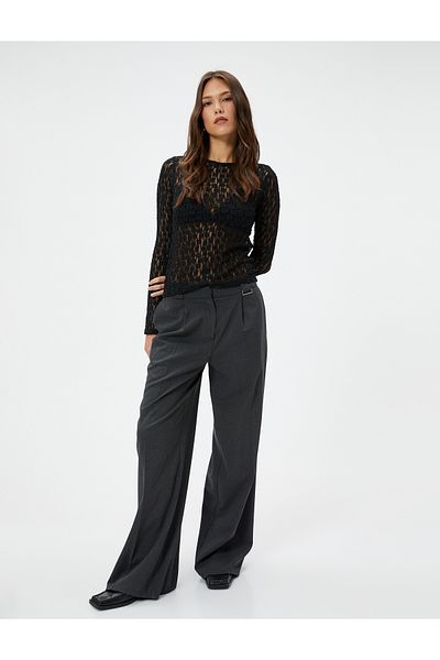 Koton Tricou cu dantelă transparentă cu mânecă lungă, cu gât crew