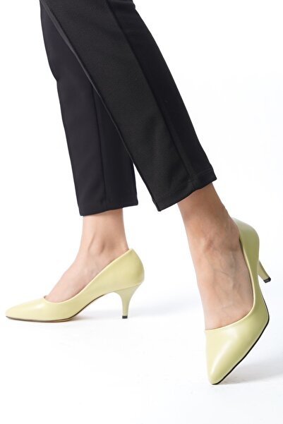 Ayakkabı Podyumum " STİLETTO " Limon Cilt 5 cm İnce Ökçe Sivri Burun Kapalı Y...