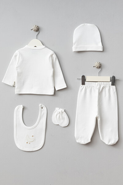 Bebitof Cute Moon and Rabbits Patterned 5 Piece Newborn Hospital Discharge Bodysuit Set