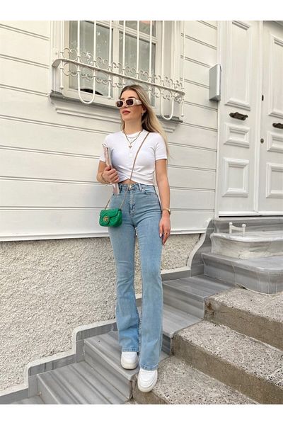 DRC trend Pantaloni de damă Mery Lycra, albastru gheață, blugi evazați cu talie înaltă