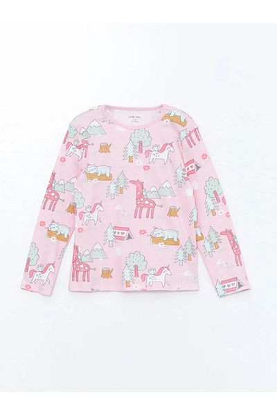 LC Waikiki Lcw Baby Pink Crew Neck Print Long Sleeve Baby Girl Pajamas Set