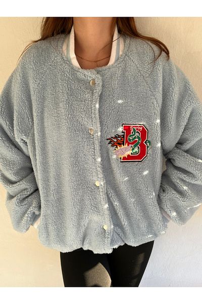 LEVURE Women's Oversize College Plush Jacket with Snaps on the Front