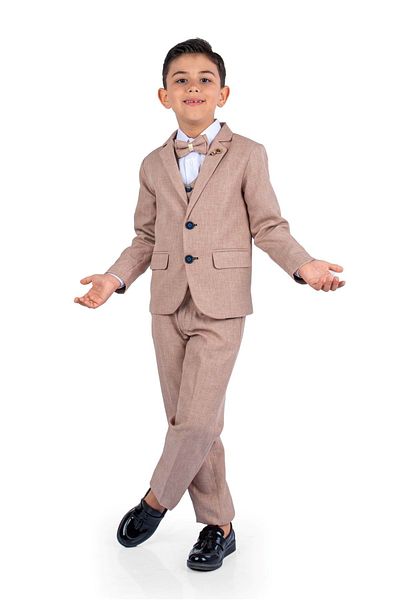 Mnk Baby&Kids Beige Colored Suit - Brooch, Groom's Suit Jacket, Vest and Shirt Detail Mnk0511