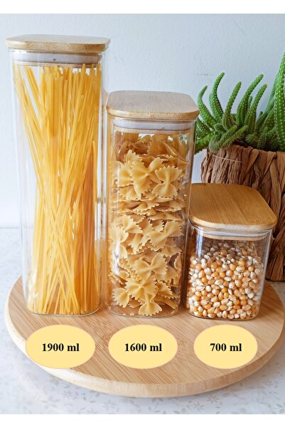 BOSSİO Set of 3 Bamboo Lids, Rectangular Form, Oversized, Borosilicate Glass, Jar
