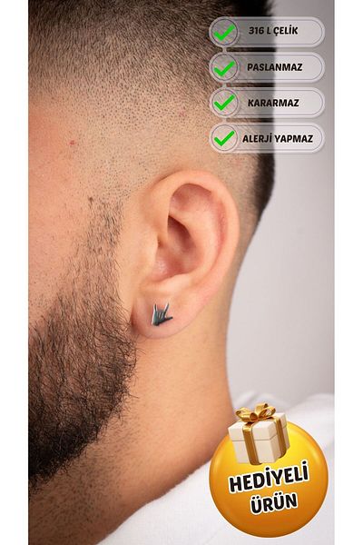 Piercing Market Steel & Silver Men's Steel Special Design Earrings No Darkening Fading