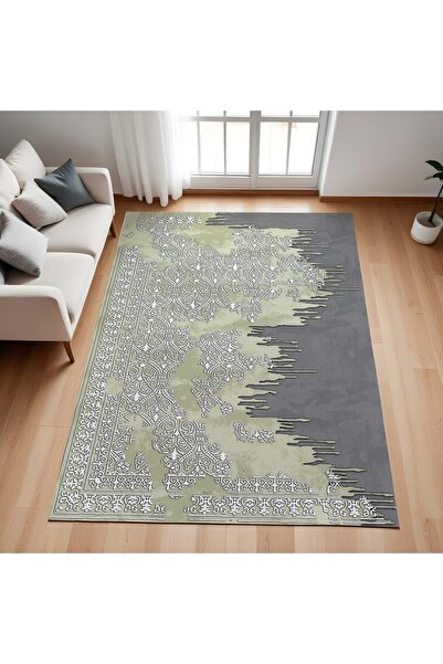 Evmila Modern Desenli Kaymaz Taban Makinede Yıkanır Dijital Baskılı Halı Yeşil