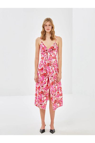 LC Waikiki Blais Pink V-Neck Patterned Women's Dress