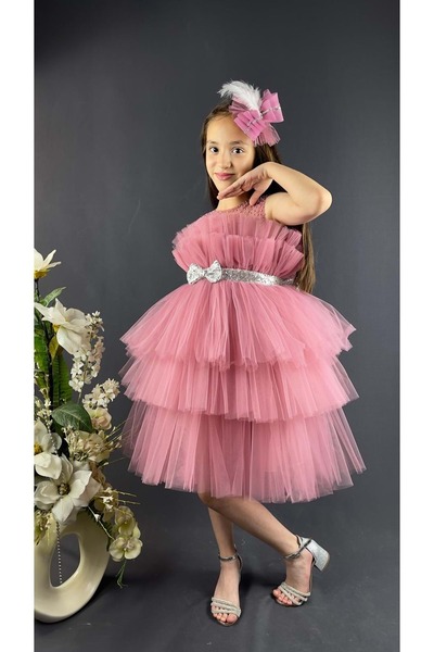 Mnk Baby&Kids Katkat Tüllü Buket Model Kız Çocuk Özel Gün Abiye PEMBE