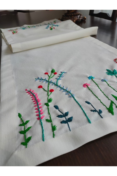 İşlemeli Otantik Nakışlı Krem Keten Runner 40x140