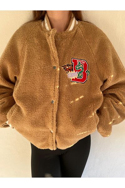 LEVURE Women's Oversize College Plush Jacket with Snaps on the Front