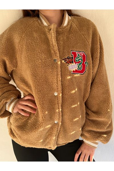 LEVURE Women's Oversize College Plush Jacket with Snaps on the Front