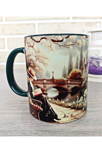 Mugs and love Kuğulu göl vintage baskı büyük boy porselen kupa