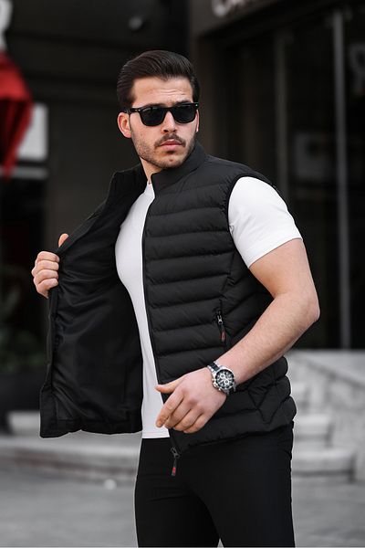 PRİFALDİ سترة سوداء قابلة للنفخ - مقاومة للمطر والرياح، سترة رجالية موسمية ذات ياقة واقفة
