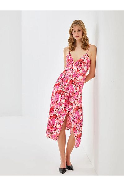 LC Waikiki Blais Pink V-Neck Patterned Women's Dress