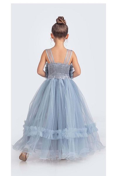 Mnk Baby&Kids Rochie de seară pentru fetiță cu bretele până la podea cu motiv trandafir - M00670 ALBASTRU