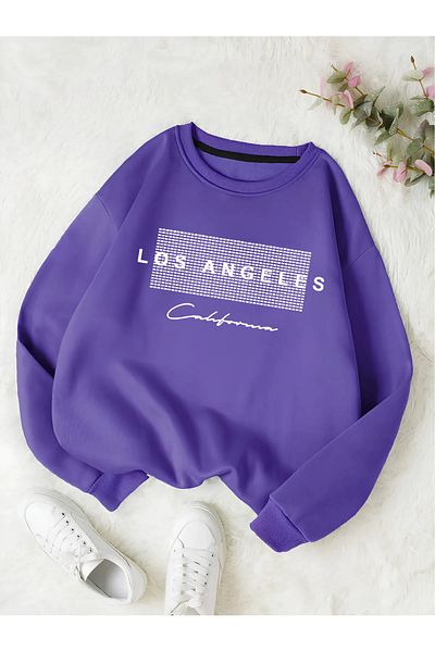Revasser Унисекс дамски/мъжки детайлен памучен суитшърт Los Angeles с персонализирани щампи с голямо деколте