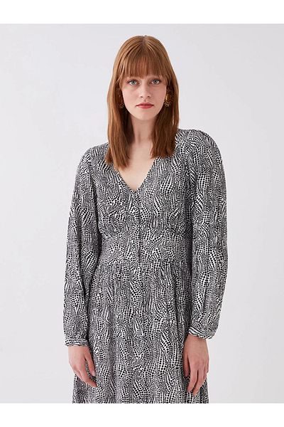 LC Waikiki Lcw Vision Black V-Neck Print Long Sleeve Women's Dress