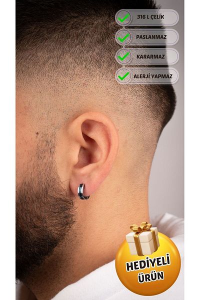 Piercing Market Steel & Silver Men's Steel Special Design Blue Enamel Hoop Earrings No Darkening Fading