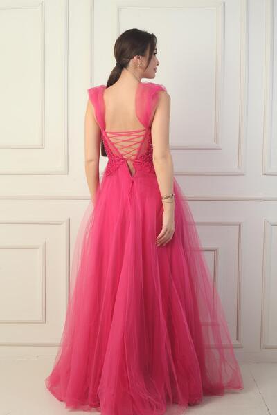 By Saygı Women's Front Back V Neck Lined Low Sleeves Top Applique Embroidery Princess Evening Dress