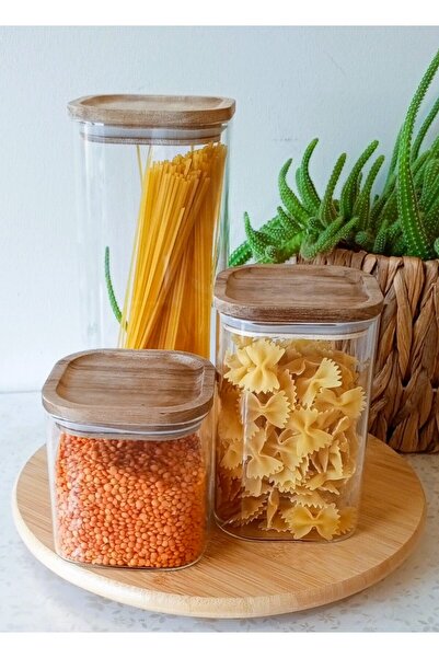 Generic Brand Set of 3 Acacia, Vacuum Lid, Square Form, Borosilicate Glass Jars