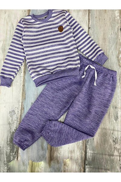 Unisex Deri Arma Detaylı Regular Bisiklet Yaka Çizgili Sweatshirt Beli Lastikli Düz Eşofman Takımı