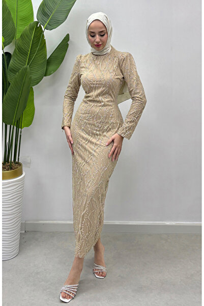 sefamerve Βραδινό φόρεμα από τούλι σε μπεζ χρώμα - 5518-04