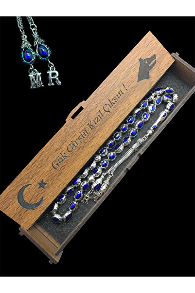 KANUNİ TESBİH Mavi Mineli Metal Tesbih, Ahşap Kutu Detaylı Tesbih,Harfli Tesbih